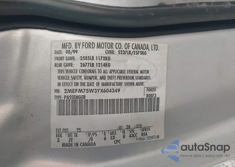 2000 Mercury Grand Marquis Ls z USA, uszkodzony, nr VIN 2MEFM75W3YX604349